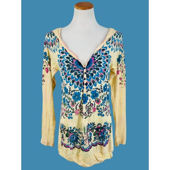 Vintage Free People Floral Boho Pullover Burnout Henley Hoodie Long Sleeve Top - Picture 13 of 16